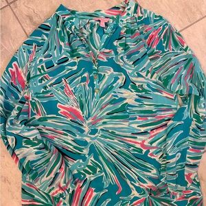 LN AS Lilly Pulitzer Teal & Pink Abstract Tropical Print Top Lightweight Size XS